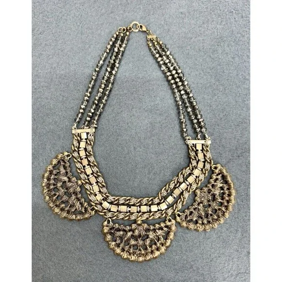 Vintage Statement Rhinestone Collar Necklace Citrine Green Costume 3 Strand Bead - Picture 8 of 9